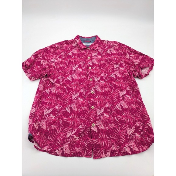 Tommy Bahama Other - Tommy Bahama Island Zone Lanikai Fronds‎ Palm Camp Shirt Pink Crimson Mens XL